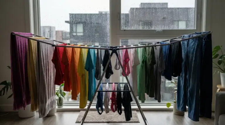 Stendibiancheria con bucato colorato ad asciugare in casa davanti a una finestra con pioggia