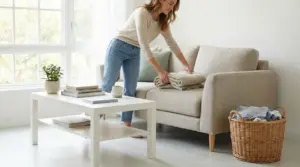 Una persona piega una coperta sul divano in un soggiorno luminoso e ordinato, con tavolino e cestino della biancheria