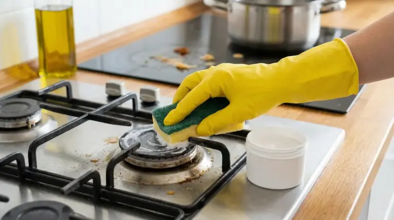 Mano con guanto giallo pulisce il bruciatore del piano cottura a gas con una spugna e detergente cremoso