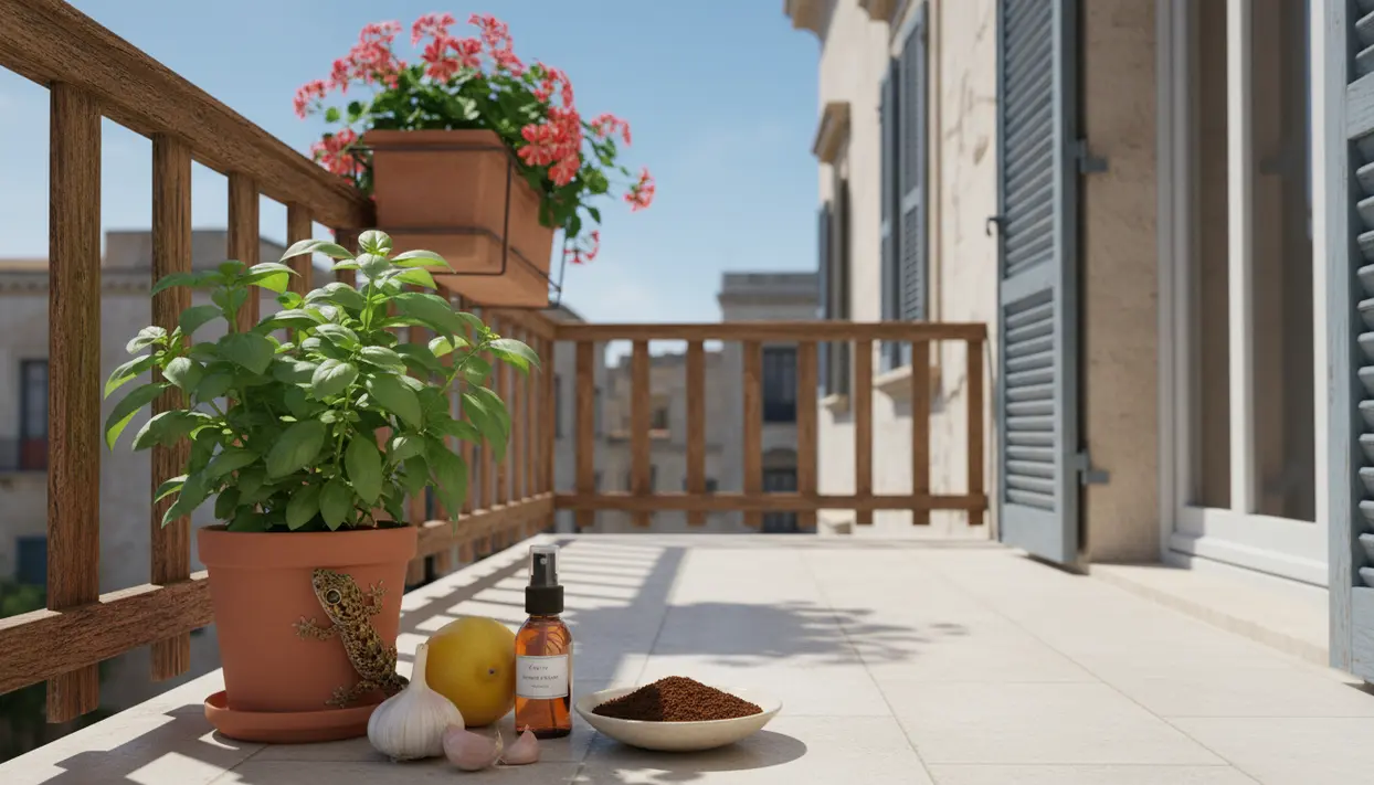 Balcone con vaso di basilico e geco vicino, accanto a limone, aglio e spray naturale per allontanarli