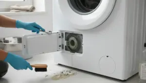 Pulizia del filtro della lavatrice con sportello aperto, guanti e spazzola per rimuovere sporco e residui