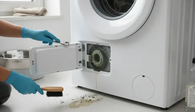 Pulizia del filtro della lavatrice con sportello aperto, guanti e spazzola per rimuovere sporco e residui