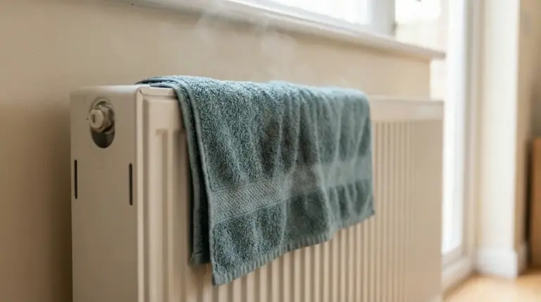 Asciugamano bagnato appoggiato su un termosifone bianco vicino a una finestra, con vapore che sale