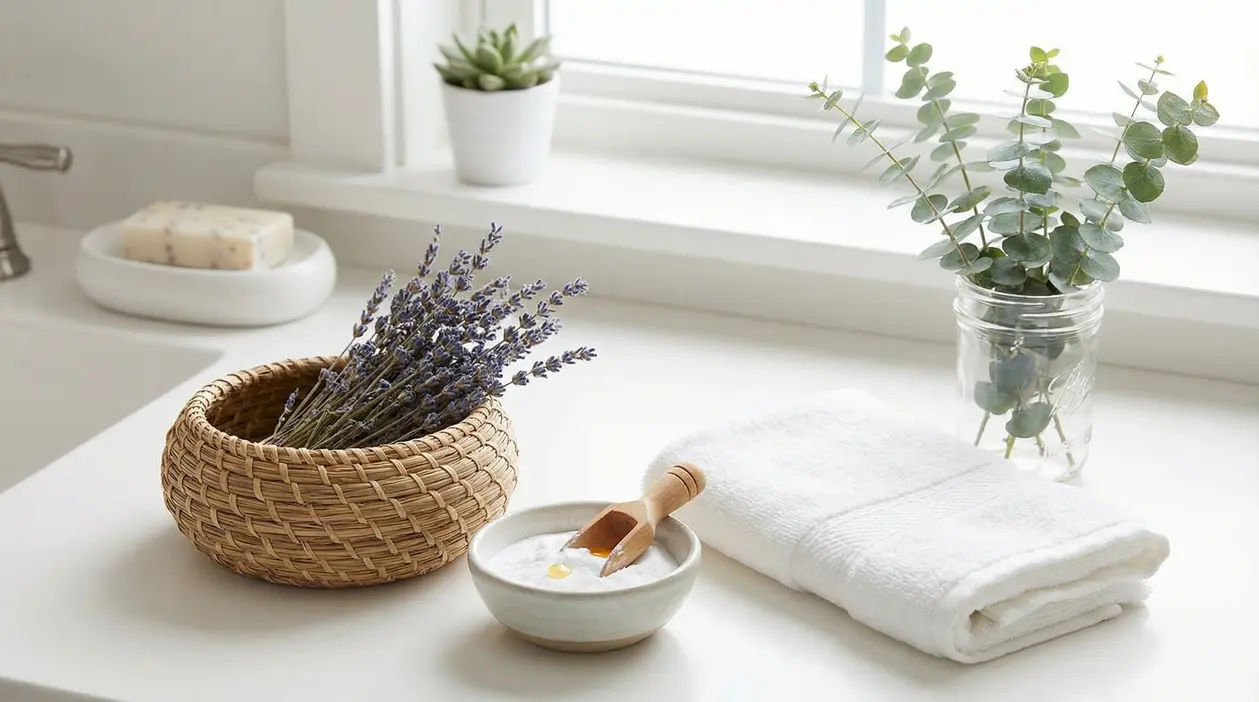 Ingredienti naturali per profumare il bagno: lavanda, eucalipto, asciugamani puliti e ciotola con bicarbonato