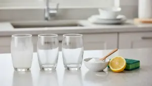 Tre bicchieri su un piano cucina, uno con patina opaca, accanto a ciotola con polvere bianca, limone e spugna