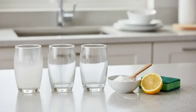 Tre bicchieri su un piano cucina, uno con patina opaca, accanto a ciotola con polvere bianca, limone e spugna