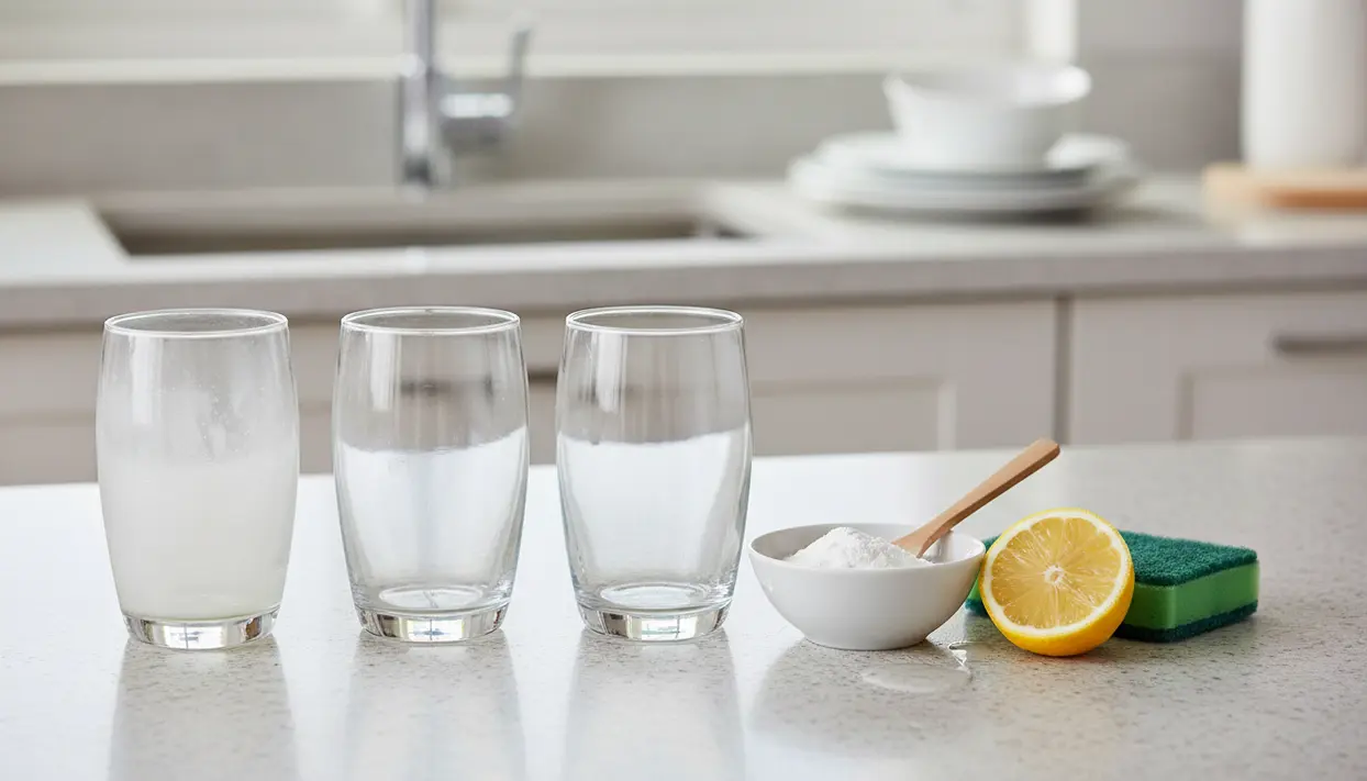 Tre bicchieri su un piano cucina, uno con patina opaca, accanto a ciotola con polvere bianca, limone e spugna