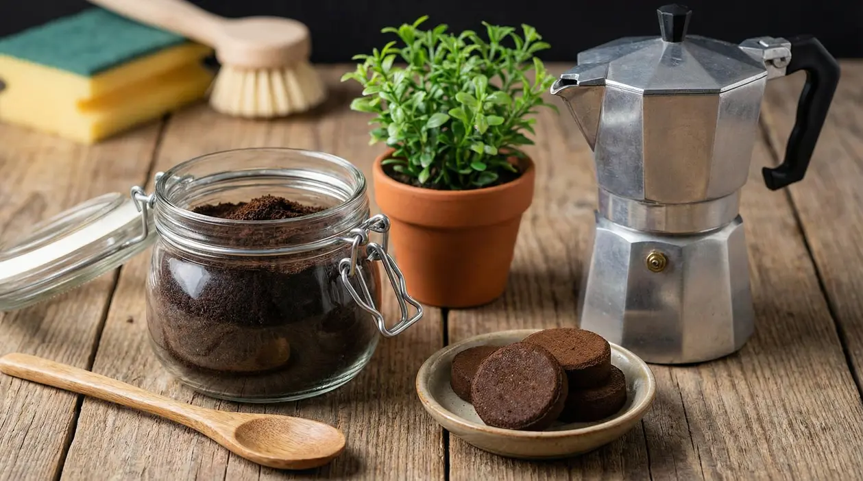 Barattolo con fondi di caffè su tavolo in legno, con caffettiera moka e pianta in vaso sullo sfondo