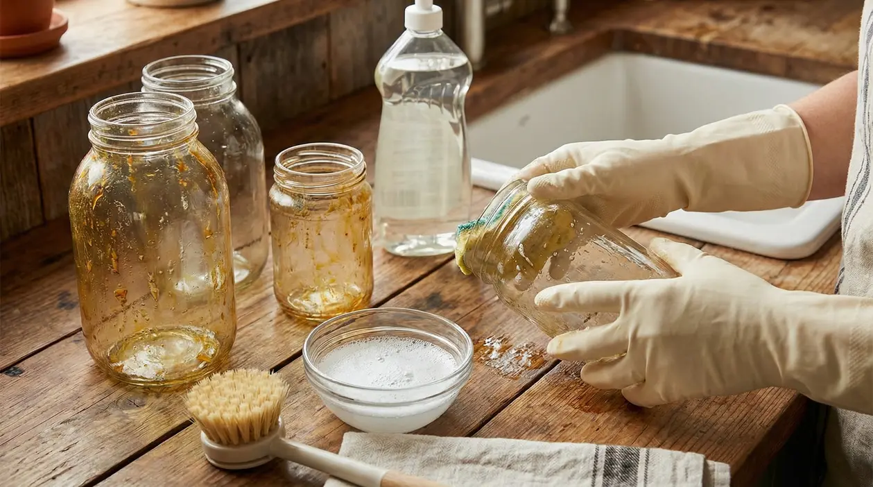 Mani con guanti che lavano un barattolo di vetro unto con spugna e sapone, vicino a lavello e altri barattoli sporchi