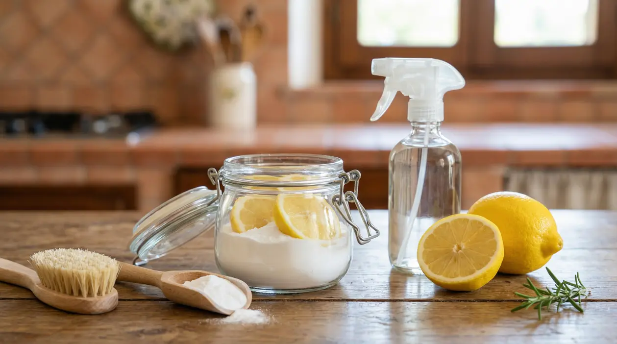 Barattolo con bicarbonato e fette di limone, flacone spray e limoni su un tavolo in cucina