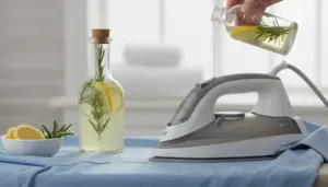 Versamento di acqua con limone e rosmarino nel serbatoio del ferro da stiro su una camicia azzurra