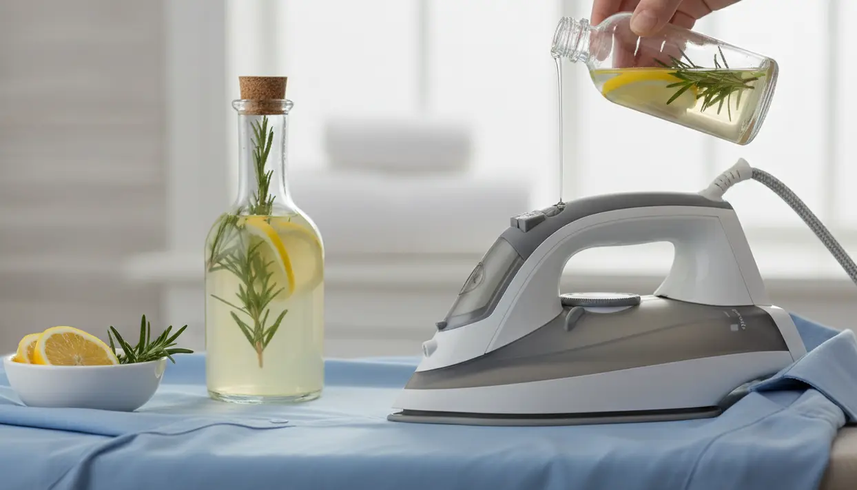 Versamento di acqua con limone e rosmarino nel serbatoio del ferro da stiro su una camicia azzurra