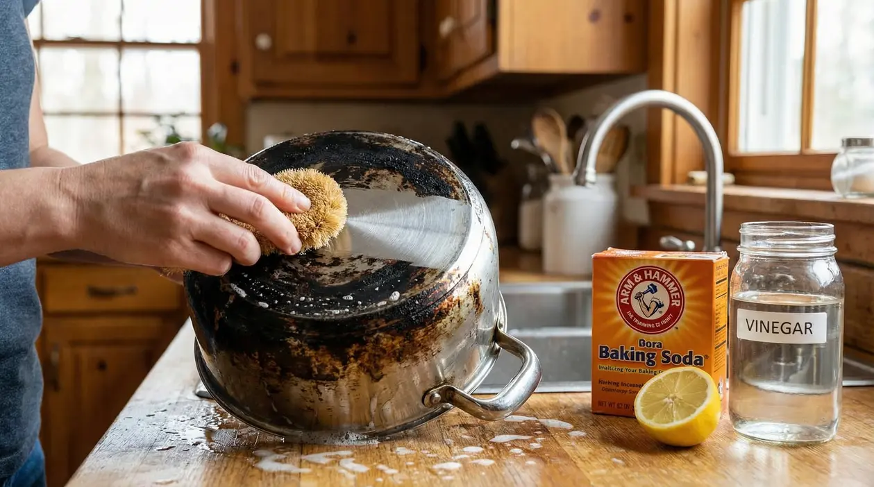 Persona che strofina una pentola annerita con una spugna, accanto a bicarbonato, aceto e limone in cucina