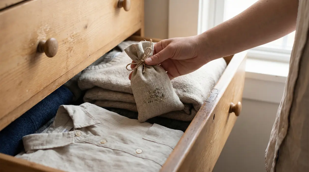 Mano che mette un sacchettino profumato in un cassetto di legno con vestiti piegati
